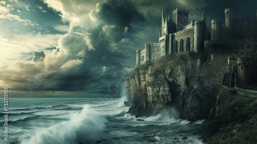 A historic medieval castle on a cliff, ocean waves crashing below, dramatic sky, knights and horses, period architecture. Resplendent. photo