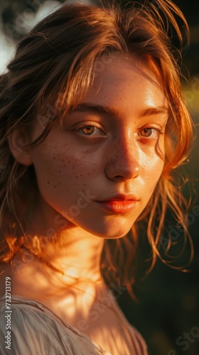 A woman with freckles gazes into the distance as sunlight illuminates her face.