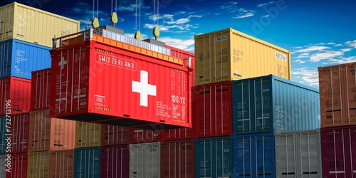 Freight shipping container with flag of Switzerland on crane hook - 3D illustration photo