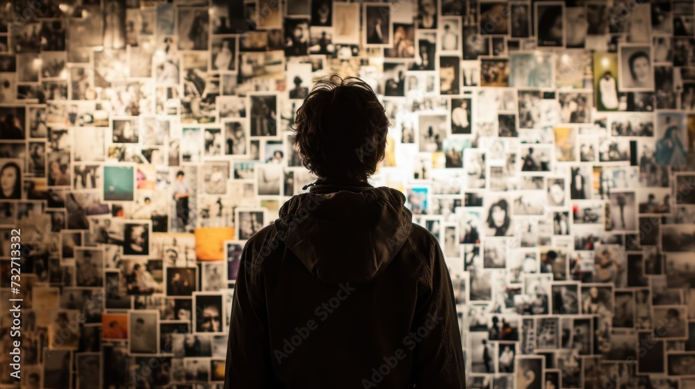 A man in a sweatshirt stands in front of a wall hung with various photographs. A man in a sweatshirt stands in front of a wall hung with various photographs.