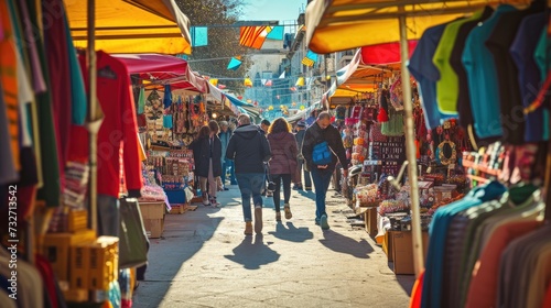 Visitors wander among colorful stalls under a blue sky in an outdoor market, exploring a variety of local goods and souvenirs. Resplendent. photo