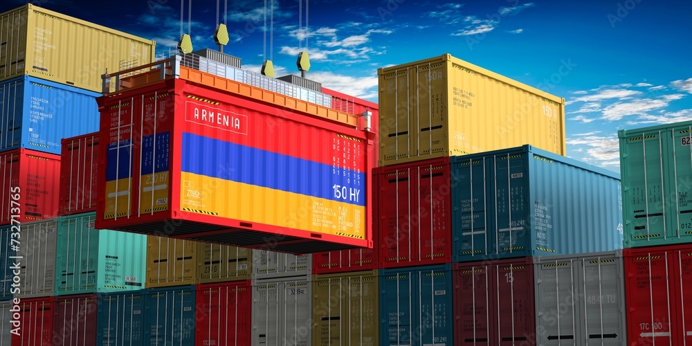 Fototapeta premium Freight shipping container with flag of Armenia on crane hook - 3D illustration