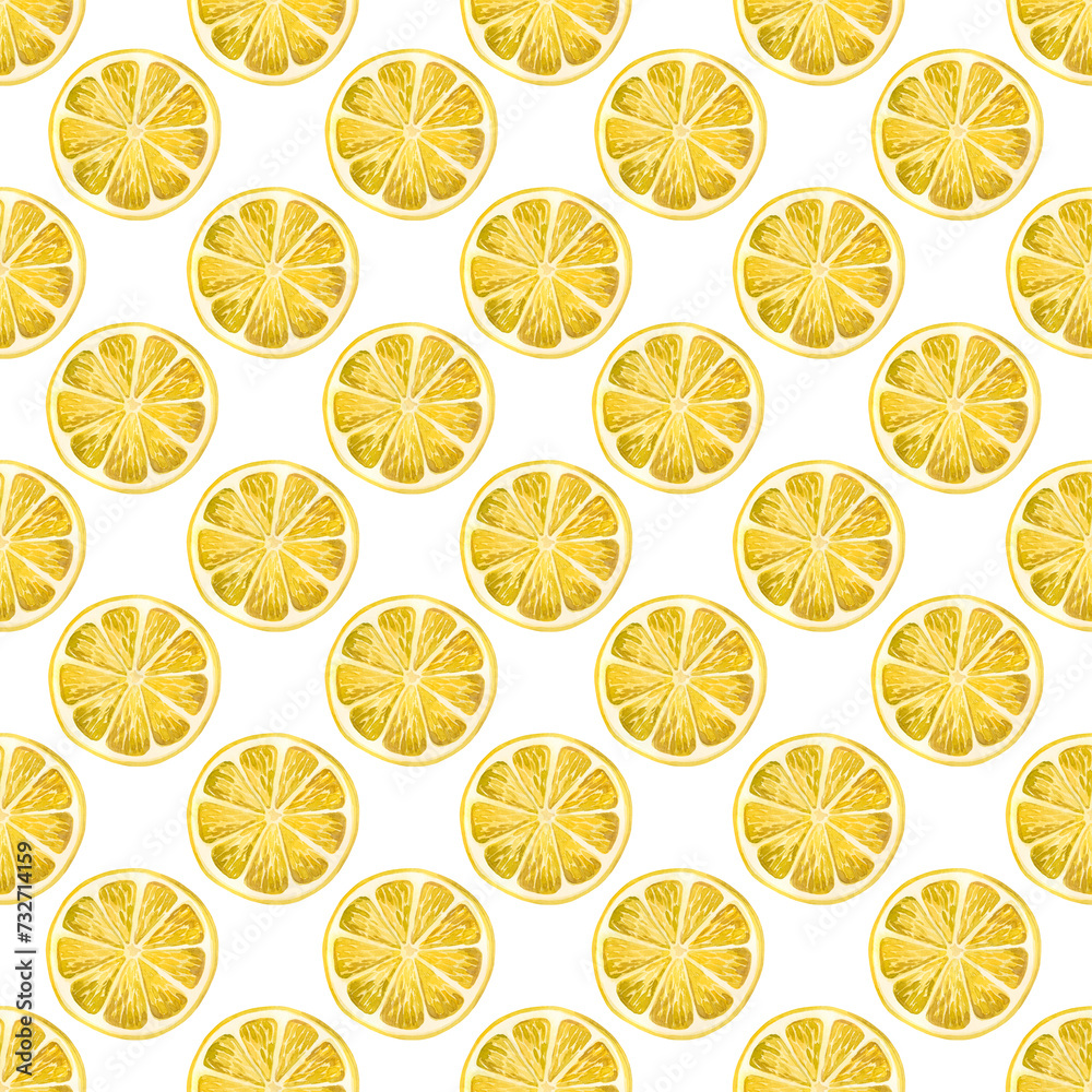 Watercolor pattern. Yellow lemon circles, hand drawn in watercolor on a white background. Suitable for printing on fabric and paper, for kitchen decoration, design of dishes and towels, tablecloths. Watercolor pattern. Yellow lemon circles, hand drawn in watercolor on a white background. Suitable for printing on fabric and paper, for kitchen decoration, design of dishes and towels, tablecloths.