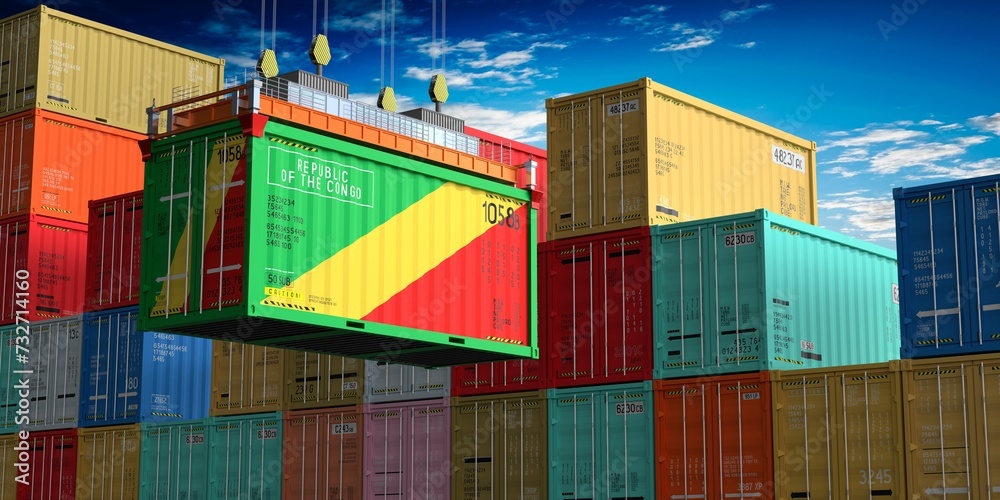 Fototapeta premium Freight shipping container with flag of Republic of the Congo on crane hook - 3D illustration