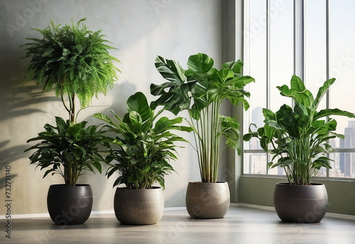 Big Green Fresh Houseplants in pots set in modern interior design with big windows. Sunlight shadow. Light green wall. Copy space. Template. Home plant.