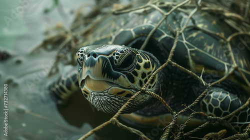 A turtle caught in a fishing net highlights the problem of marine life affected by human waste