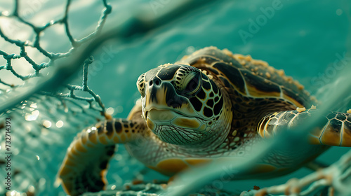 A turtle caught in a fishing net highlights the problem of marine life affected by human waste © Alin