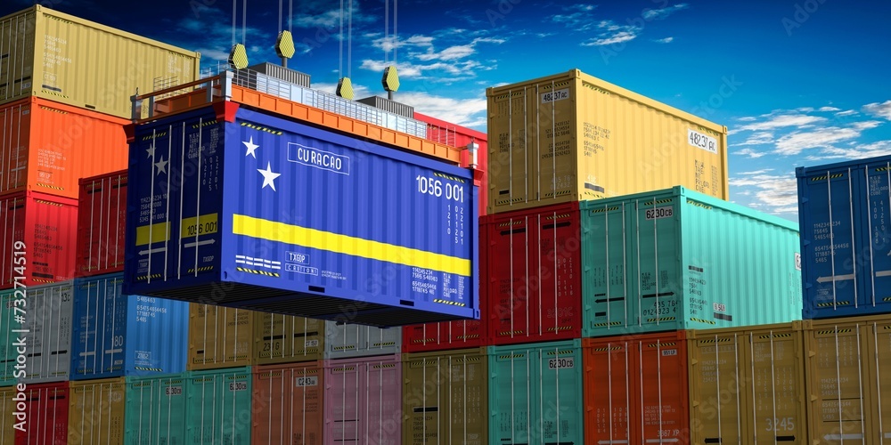 Fototapeta premium Freight shipping container with flag of Curacao on crane hook - 3D illustration