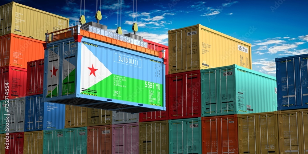 Fototapeta premium Freight shipping container with flag of Djibouti on crane hook - 3D illustration