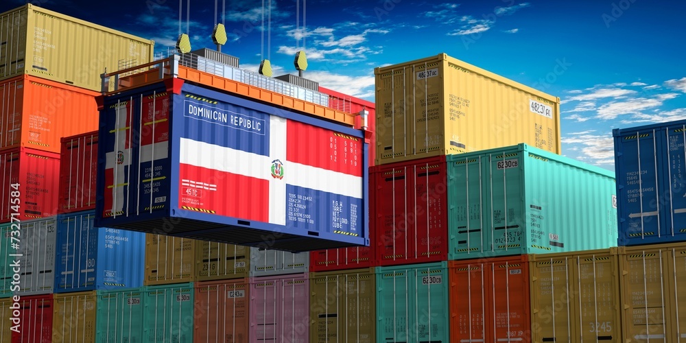Fototapeta premium Freight shipping container with flag of Dominican Republic on crane hook - 3D illustration