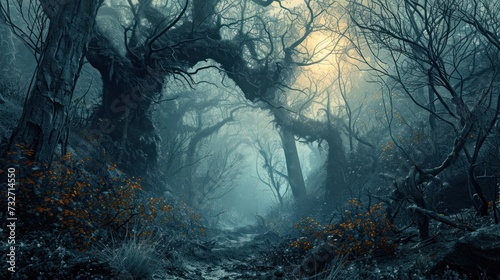 A dark and eerie forest with twisted trees, fog, and an orange flower growing on the side of a tree.