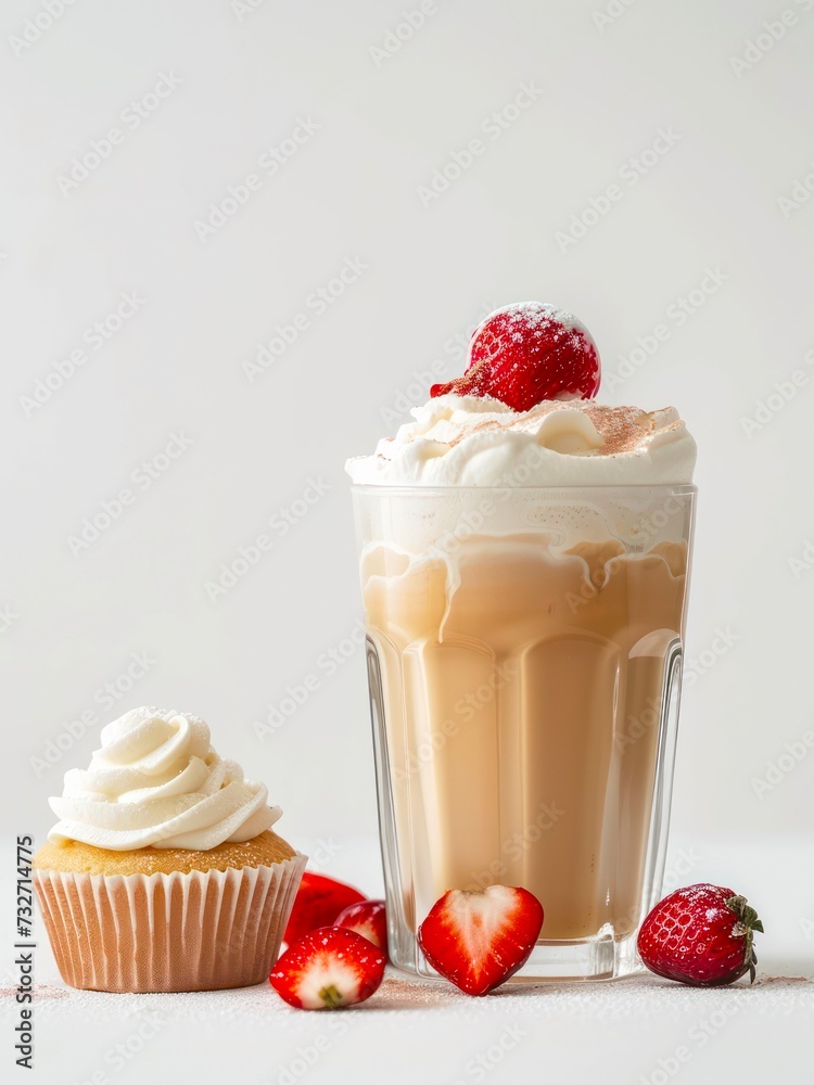 Cold latte with whipped cream and cupcake with strawberries. Cold latte with whipped cream and cupcake with strawberries.