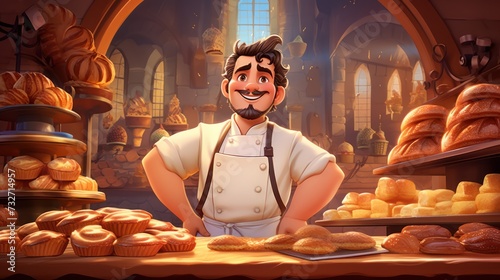 A baker with a beard standing in a bakery, and around him are different types of bread. An arch and a window are depicted in the background.
