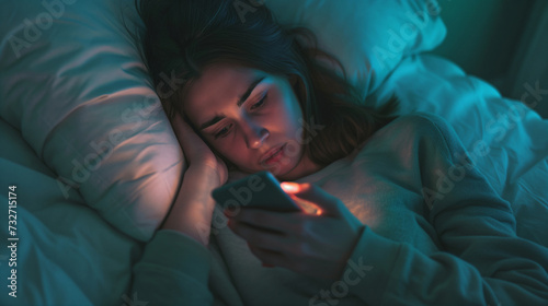 Doomscrolling. FOMO. Young woman lying in bed at night, checking phone with a worried and anxious expression.