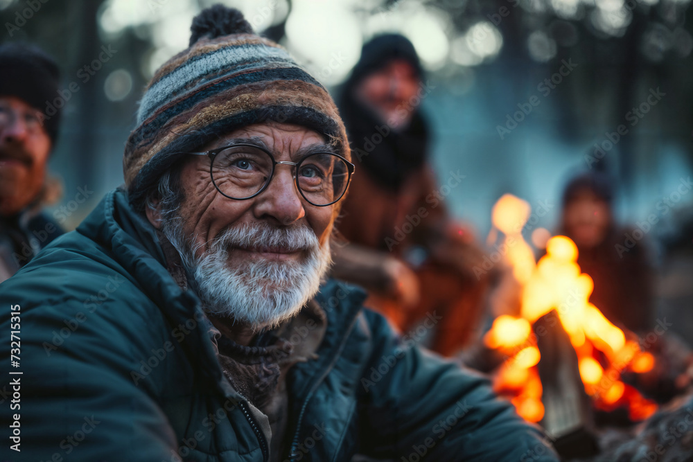 Elderly Man Enjoying Campfire Gathering. Generative AI