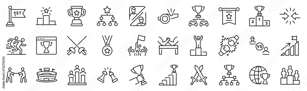 Set of 30 outline icons related to competition. Linear icon collection. Editable stroke. Vector illustration