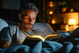 Man Reading Book in Bed at Night. Generative AI