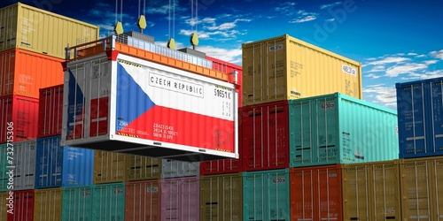 Freight shipping container with flag of Czech Republic on crane hook - 3D illustration photo