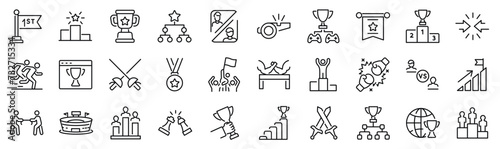 Set of 30 outline icons related to competition. Linear icon collection. Editable stroke. Vector illustration