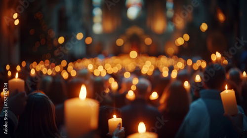 Candles. The light of the world. Christian holiday. People holding candles during religious procession in church photo