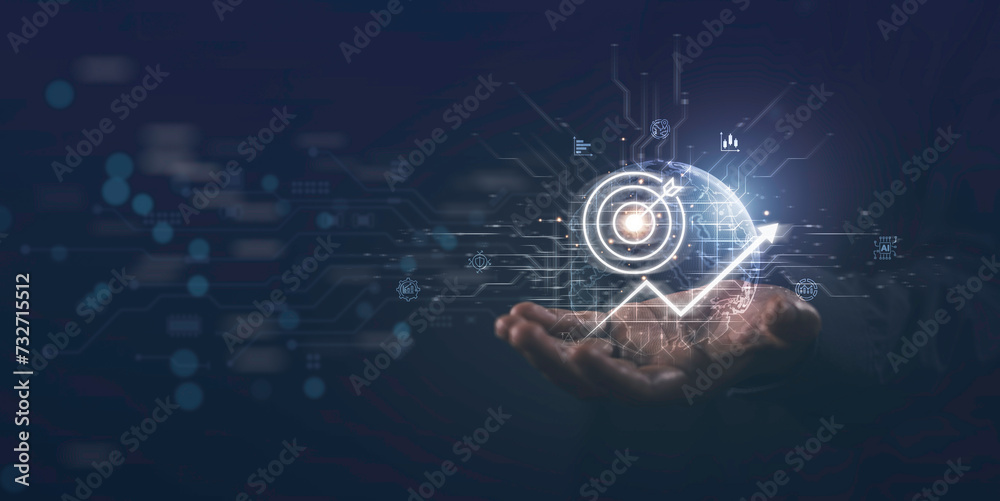 Hand presenting a glowing graph business global target icon with digital circuit, Depicting data analytics and growth. Digital marketing, Financial and banking, Big data for economic. Hand presenting a glowing graph business global target icon with digital circuit, Depicting data analytics and growth. Digital marketing, Financial and banking, Big data for economic.