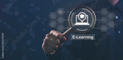 Concept of digital learning or online video course, business webinars, employee training, personal development. E-learning education encompasses internet lessons and knowledge-based home schooling.