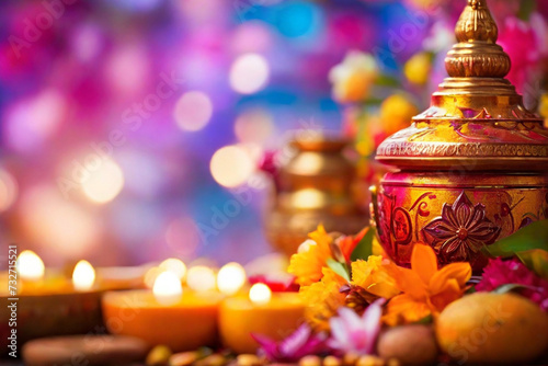 Vibrant traditional Sinhala and Hindu New Year elements in a blurred bokeh composition. photo