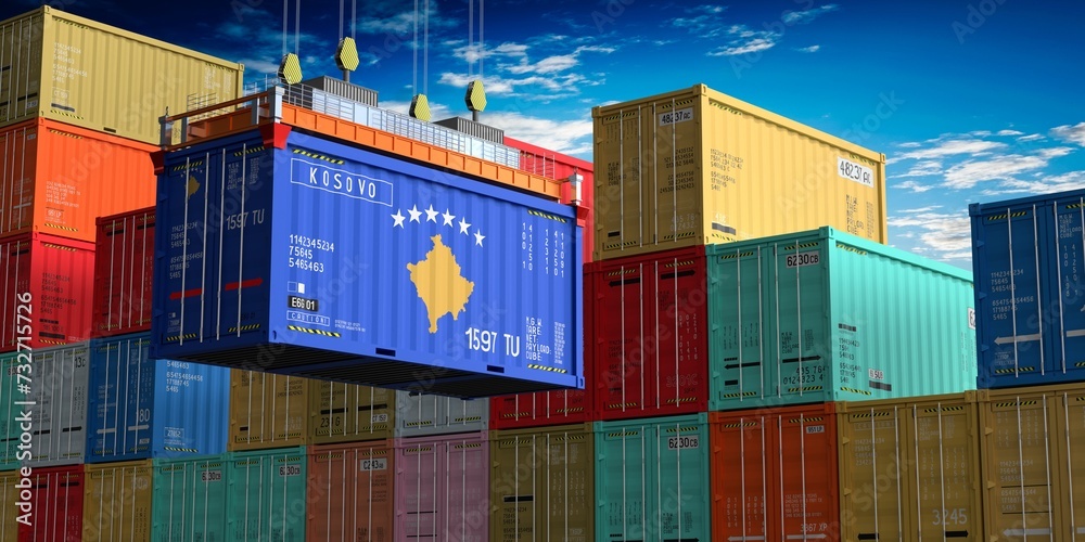 Fototapeta premium Freight shipping container with flag of Kosovo on crane hook - 3D illustration