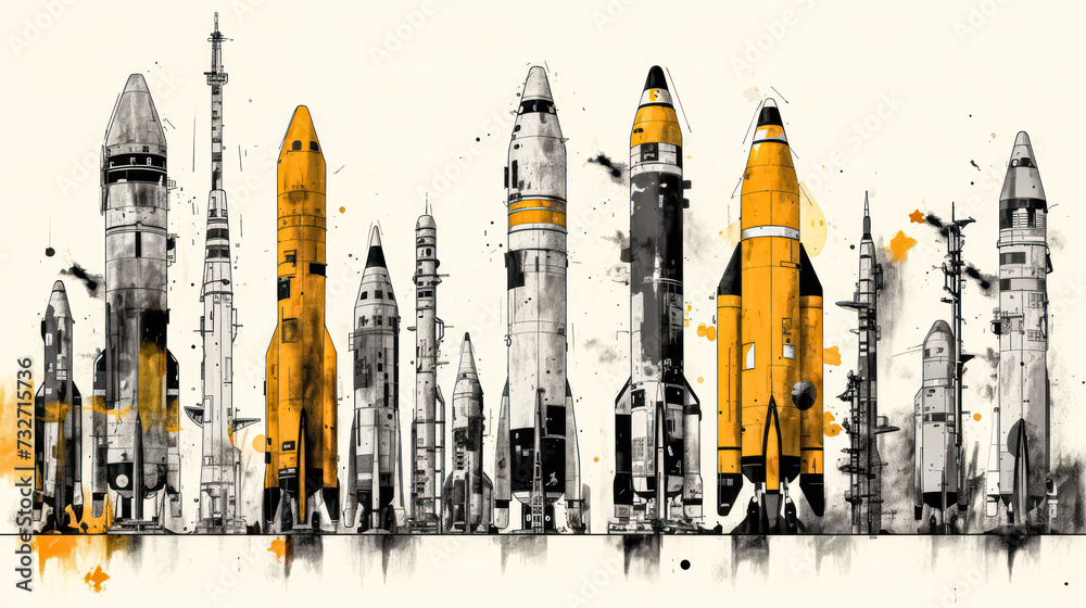 An intriguing watercolor sketch featuring rockets and shells outlined - obrazy, fototapety, plakaty 