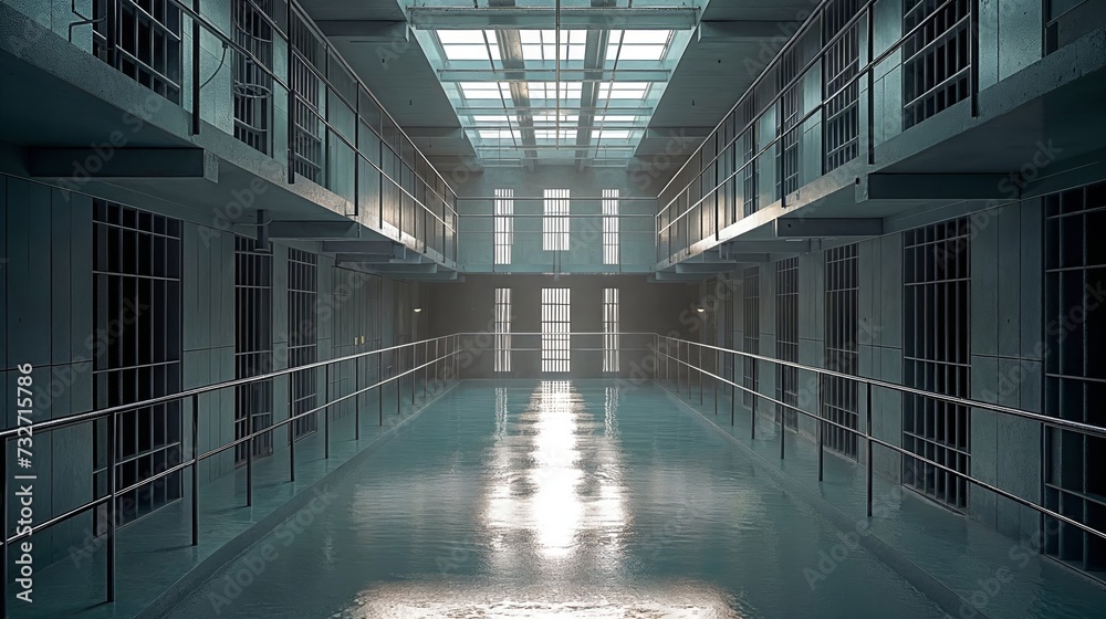 Prison building interior, empty jail cell, security bars cage Prison building interior, empty jail cell, security bars cage