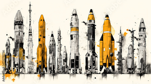 An intriguing watercolor sketch featuring rockets and shells outlined photo