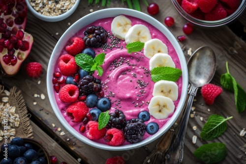 Vibrant pink smoothie bowl garnished with fresh berries, banana slices, and chia seeds. Healthy food on wooden table, flat lay