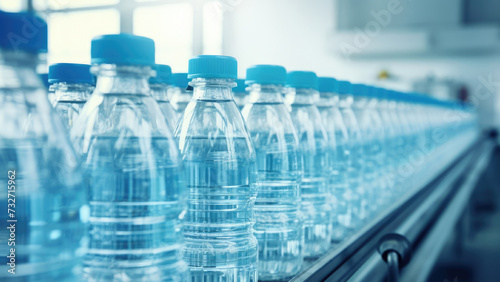 Bottles of water on conveyor belt in factory, closeup