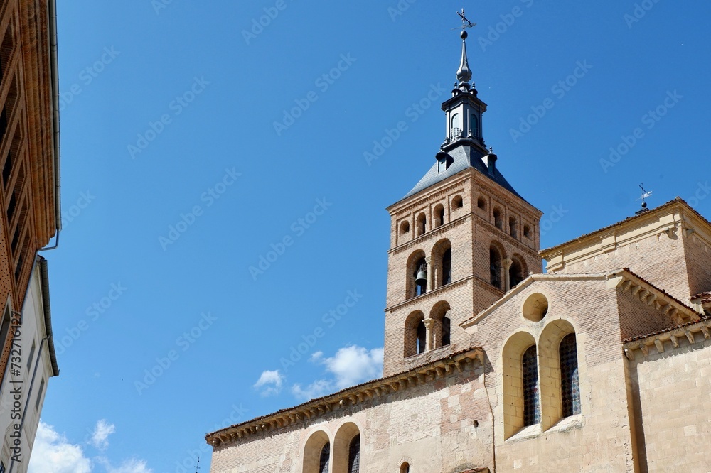 Upward look at San Martin catholic church in Segovia, Spain