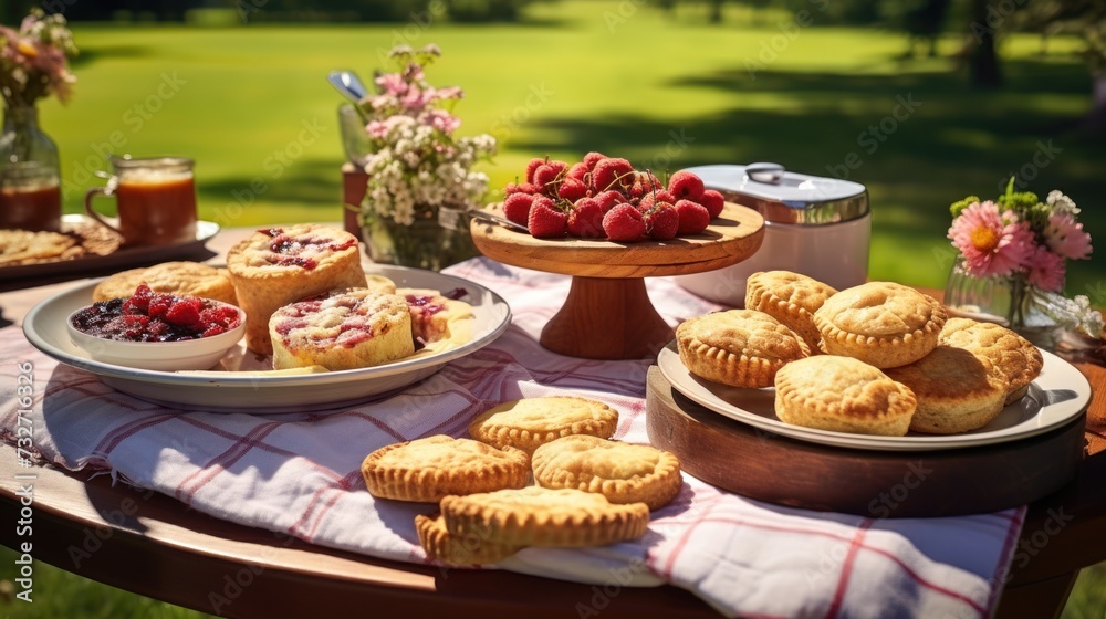 A table is set with various plates of pastries, a bowl of berries, and a vase of flowers.