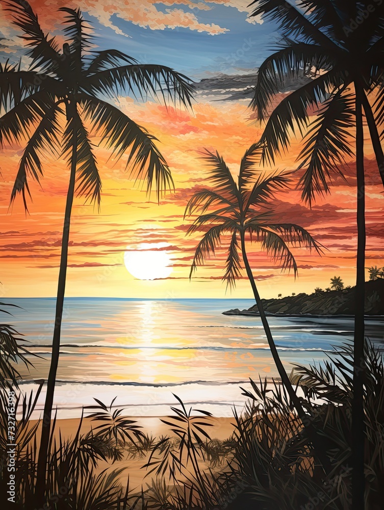 Silhouetted Palm Beaches: Acrylic Landscape Art Showcasing Nature's Beauty