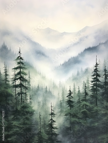 Majestic Mist: Acrylic Landscape Art Depicting Nature's Foggy Mountain Peaks