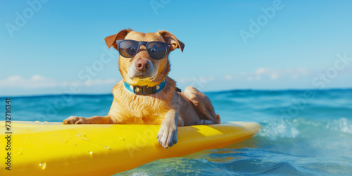 Hund mit Sonnenbrille liegt auf Surfbrett und treibt auf dem Meer.