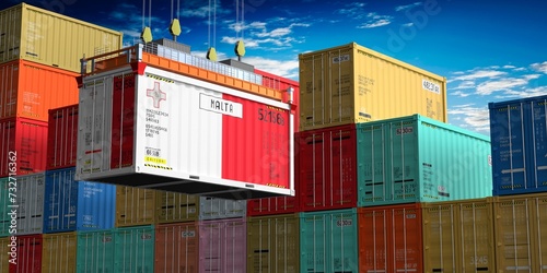 Freight shipping container with flag of Malta on crane hook - 3D illustration