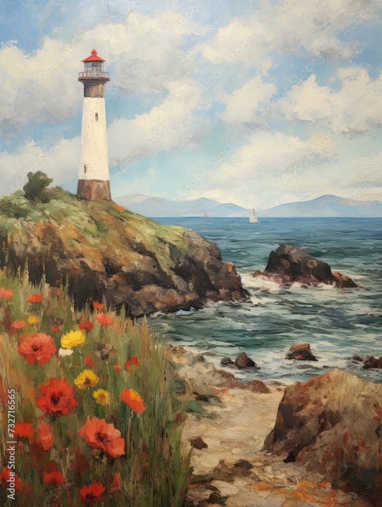 Acrylic Landscape Art: Vintage Lighthouse Views in a Seaside Scene - Vintage Painting