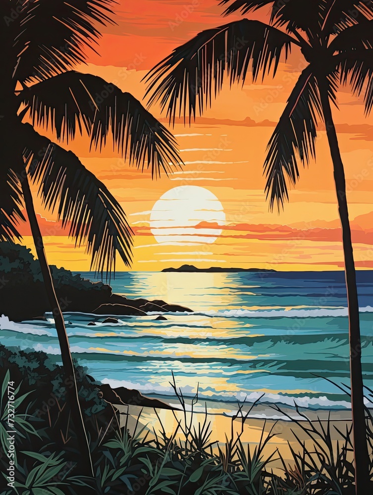 Silhouetted Palm Beaches: Vibrant Acrylic Landscape Art in Nature's Beach Scene