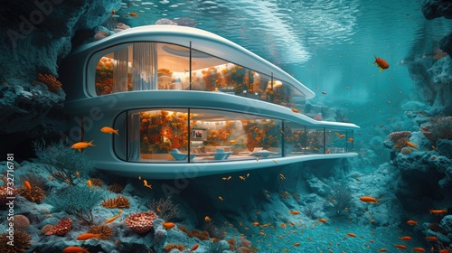 Submerged serenity: mesmerizing underwater house room reveals aquatic wonders through panoramic aquarium windows, a tranquil retreat in the heart of the deep blue photo