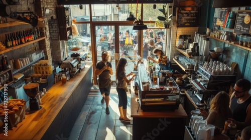 The hustle of a busy coffee shop with patrons enjoying their drinks and baristas crafting coffee, creating a lively community space. Resplendent.