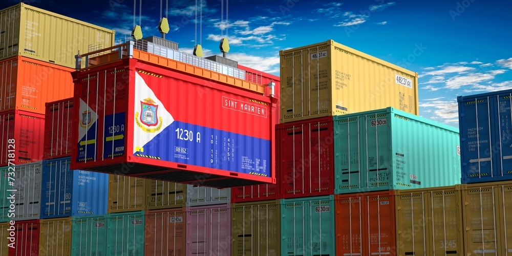 Fototapeta premium Freight shipping container with flag of Sint Maarten on crane hook - 3D illustration