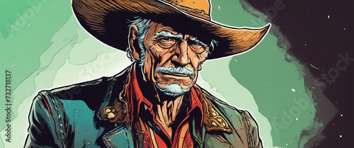 Old cowboy. An elderly man in a sambrero cowboy hat. Heroic image. A fictional plot. AI generated photo