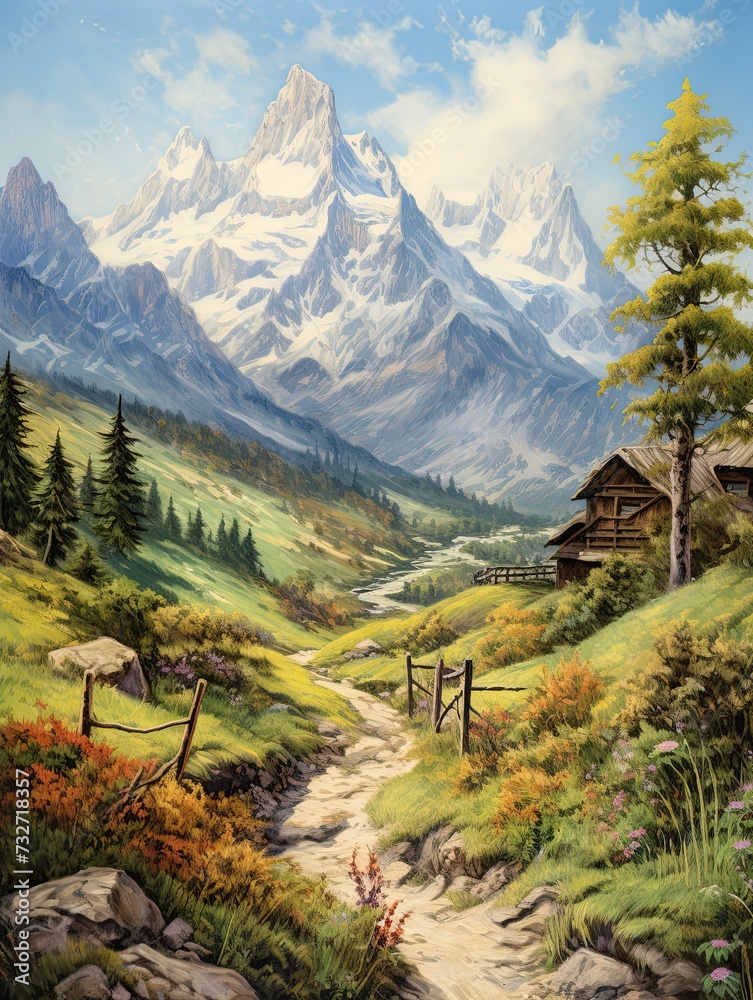 Vintage Alpine Nature Art: Snow-Capped Mountains in Serene Countryside