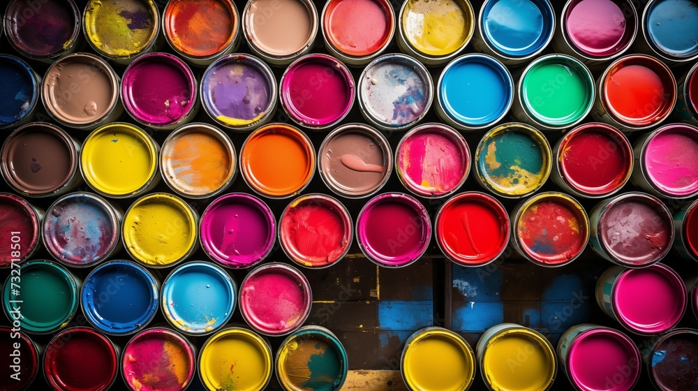 Colorful Array of Paint Cans Top View, Artistic Creativity and Home Improvement Concept, photograph. Paint spaced in a orderly format diplaying multiple colors. Colorful Array of Paint Cans Top View, Artistic Creativity and Home Improvement Concept, photograph. Paint spaced in a orderly format diplaying multiple colors.