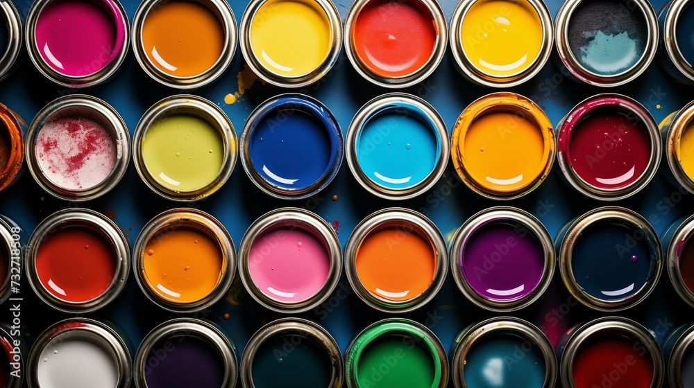 Colorful Array of Paint Cans Top View, Artistic Creativity and Home Improvement Concept, photograph. Paint spaced in a orderly format diplaying multiple colors. Colorful Array of Paint Cans Top View, Artistic Creativity and Home Improvement Concept, photograph. Paint spaced in a orderly format diplaying multiple colors.