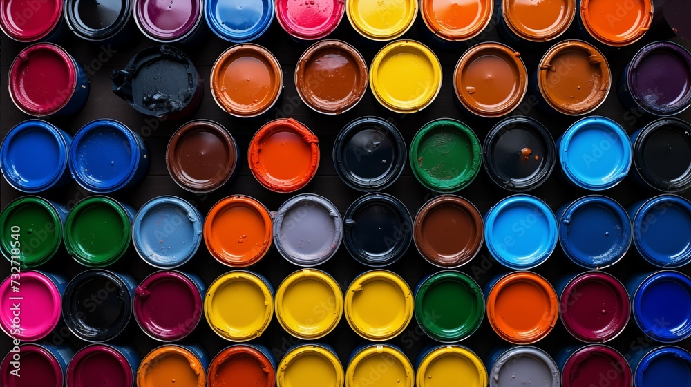 Colorful Array of Paint Cans Top View, Artistic Creativity and Home Improvement Concept, photograph. Paint spaced in a orderly format diplaying multiple colors. Colorful Array of Paint Cans Top View, Artistic Creativity and Home Improvement Concept, photograph. Paint spaced in a orderly format diplaying multiple colors.