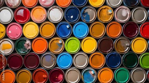 Colorful Array of Paint Cans Top View, Artistic Creativity and Home Improvement Concept, photograph